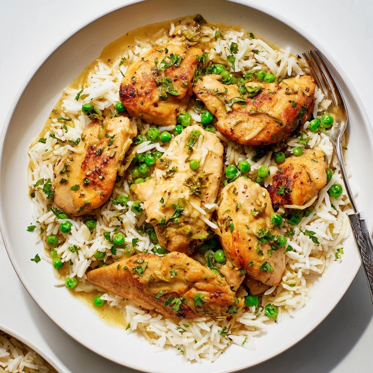 One-Pot Creamy Lemon Chicken and Rice served hot in a skillet, topped with fresh chopped parsley.