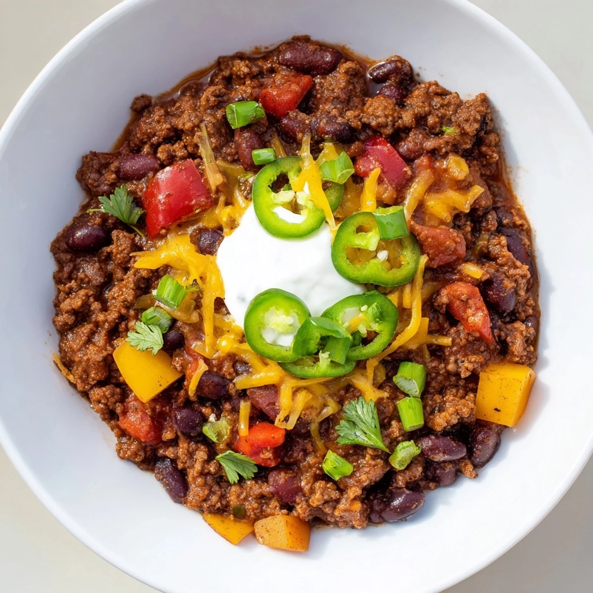 Steaming Simple Weeknight Chili in a bowl, topped with shredded cheddar, ready to eat.