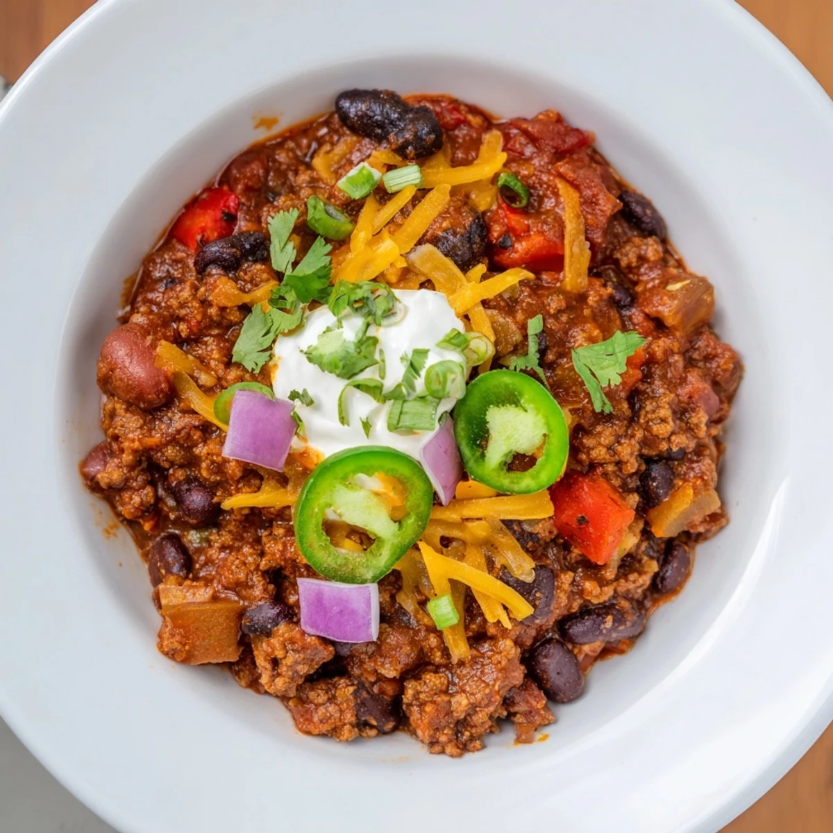 A big spoonful of savory Simple Weeknight Chili, rich color and texture, close-up shot.