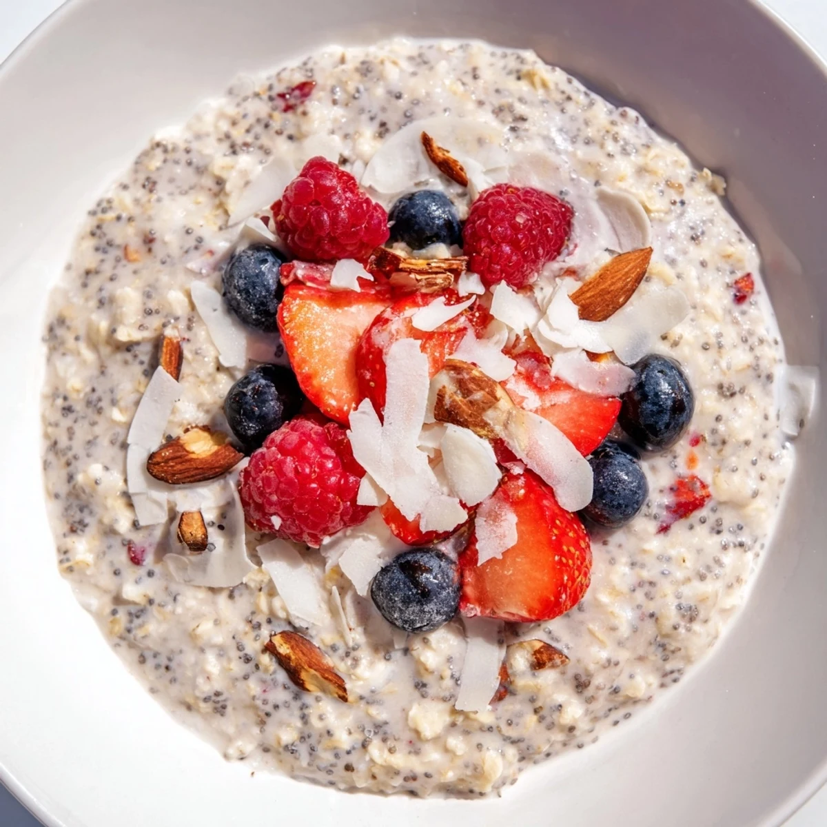 Creamy Overnight Oats with Berries and Chia Seeds overflowing a mason jar for a healthy breakfast.