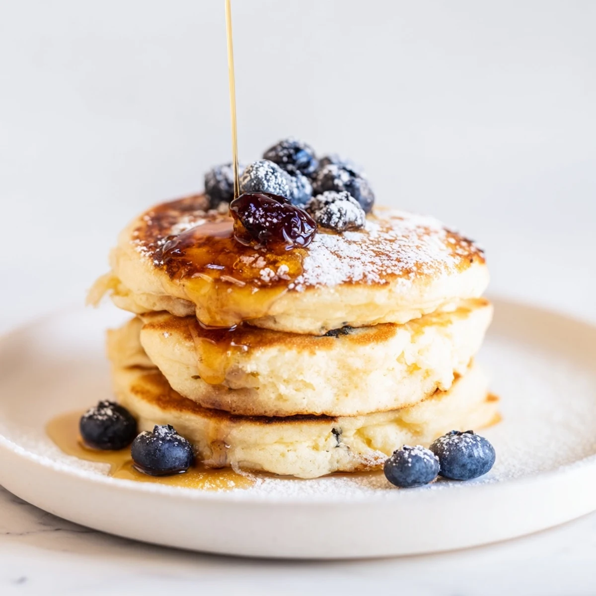 Golden-brown Light and Fluffy Ricotta Pancakes are stacked high, ready to be drizzled with syrup.