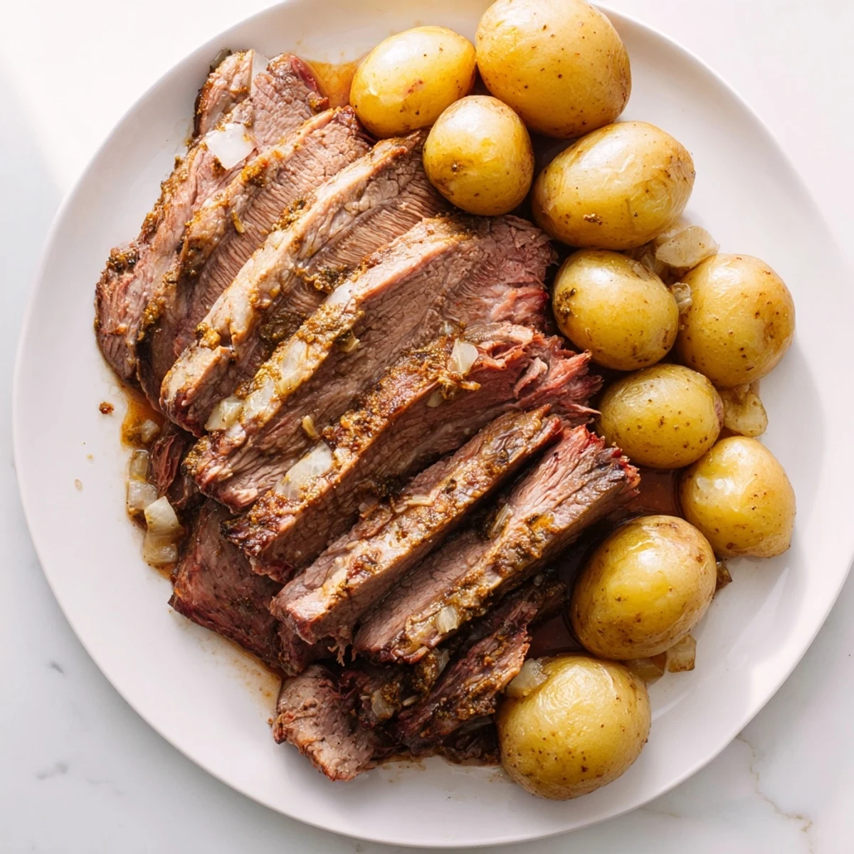 Fork-tender pot roast from the slow cooker, fragrant with onion soup mix and beef broth.