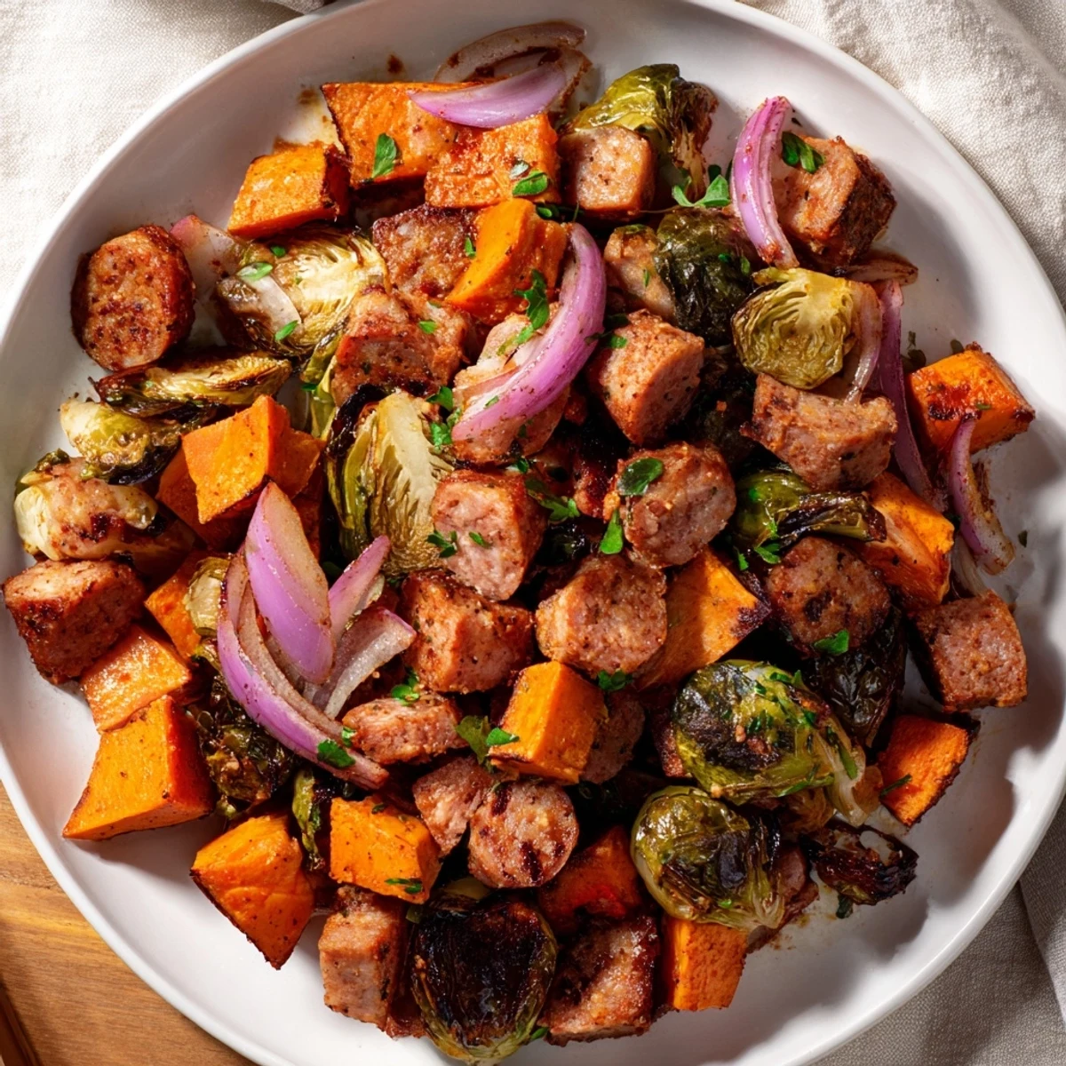 Golden brown sheet pan sausage, sweet potato, and Brussels sprouts tossed with herbs and olive oil.