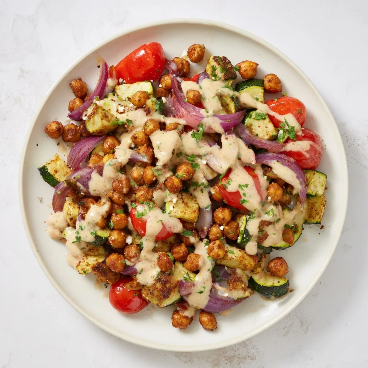 Mediterranean Chickpea and Veggie Grain Bowl: A colorful bowl of roasted vegetables, chickpeas, and fresh parsley.