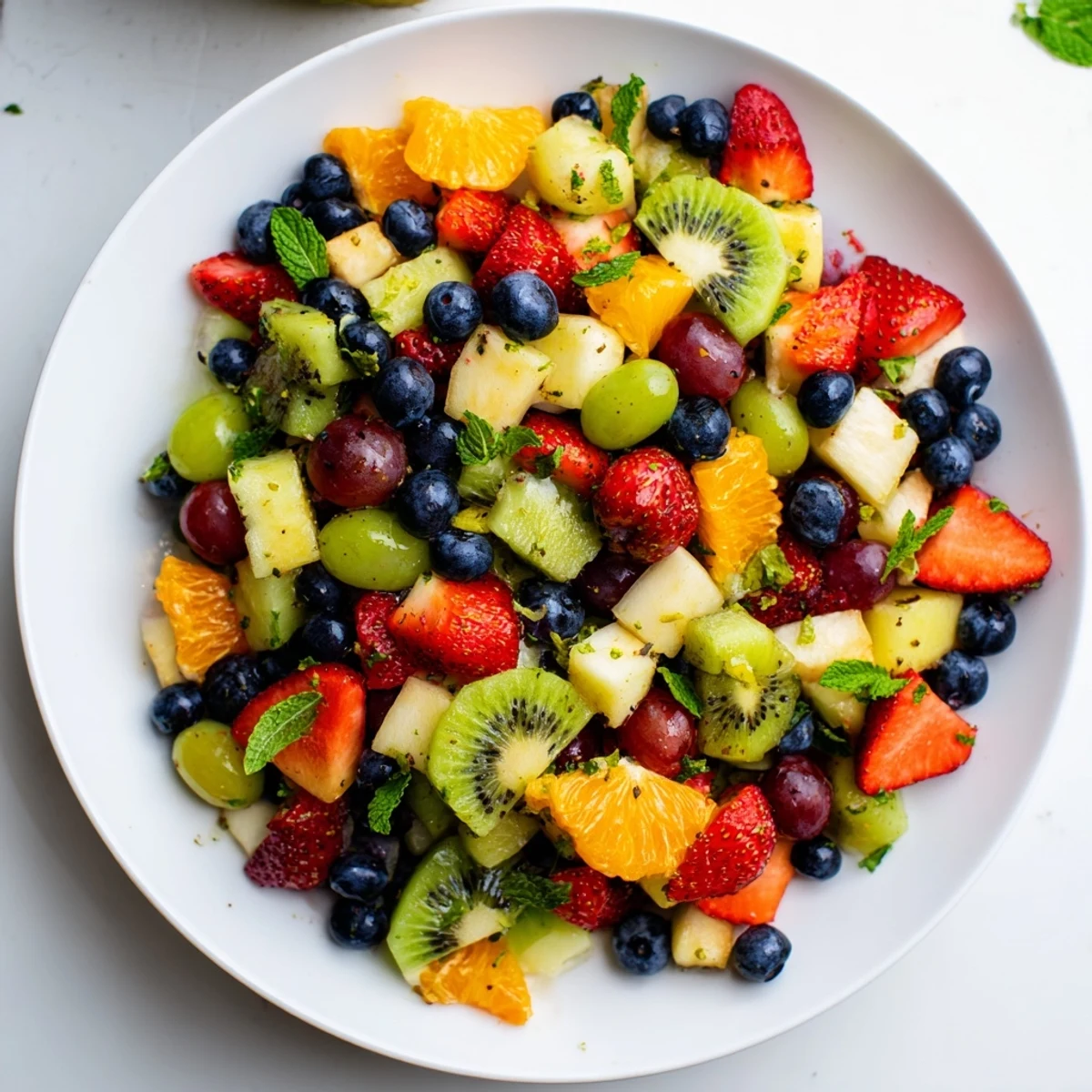 A colorful bowl of refreshing fruit salad drizzled with sweet honey-lime dressing.