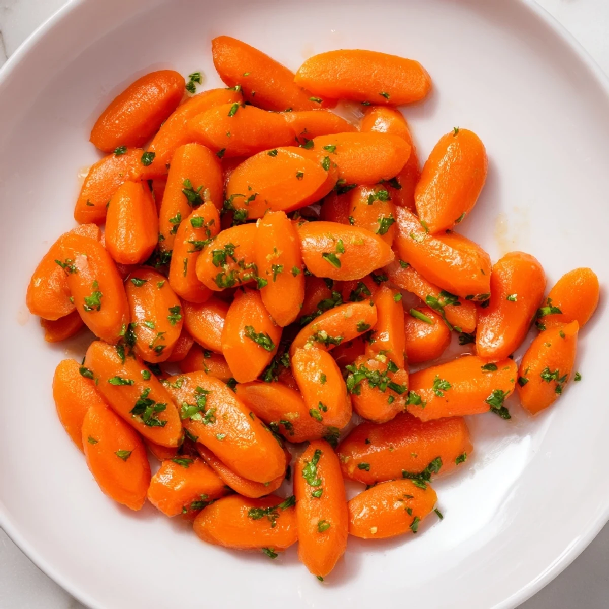 Golden honey-glazed carrots, glistening and tender, ready for serving with a sprinkle of fresh parsley.