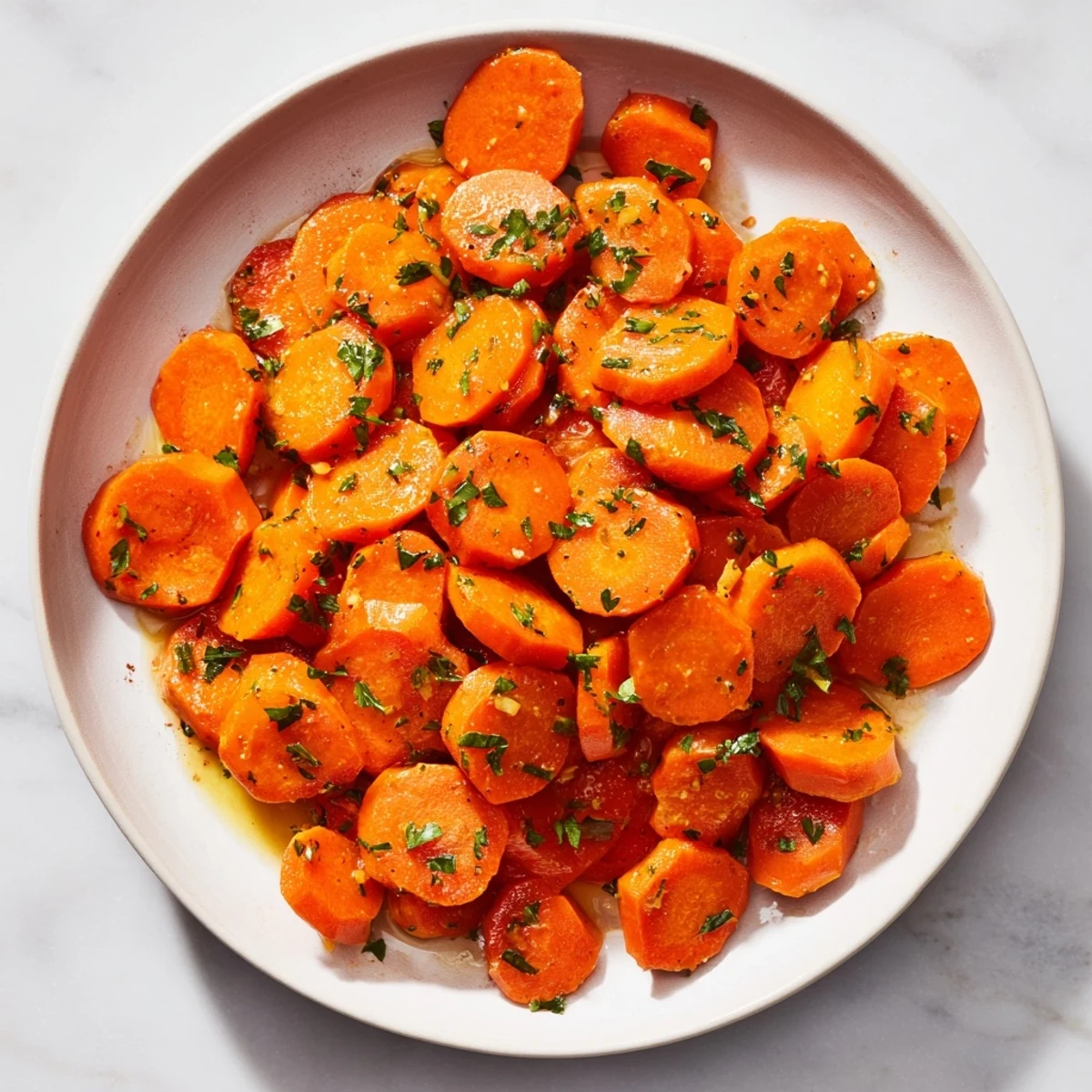 A close-up of vibrant Golden Honey-Glazed Carrots, coated in a luscious, shimmering honey glaze.
