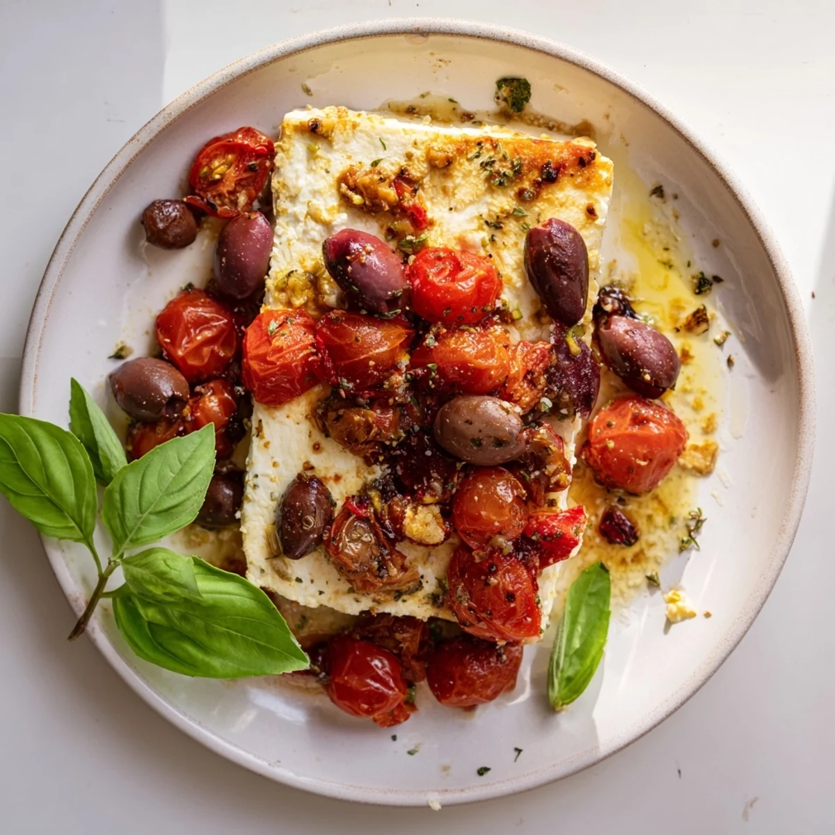 Baked feta pasta bathed in a creamy sauce, with juicy cherry tomatoes and Kalamata olives throughout.