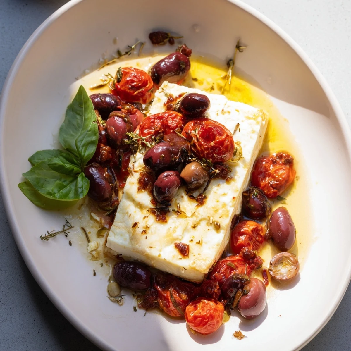 Golden, bubbly baked feta pasta, a comforting Mediterranean meal with fresh basil garnish.