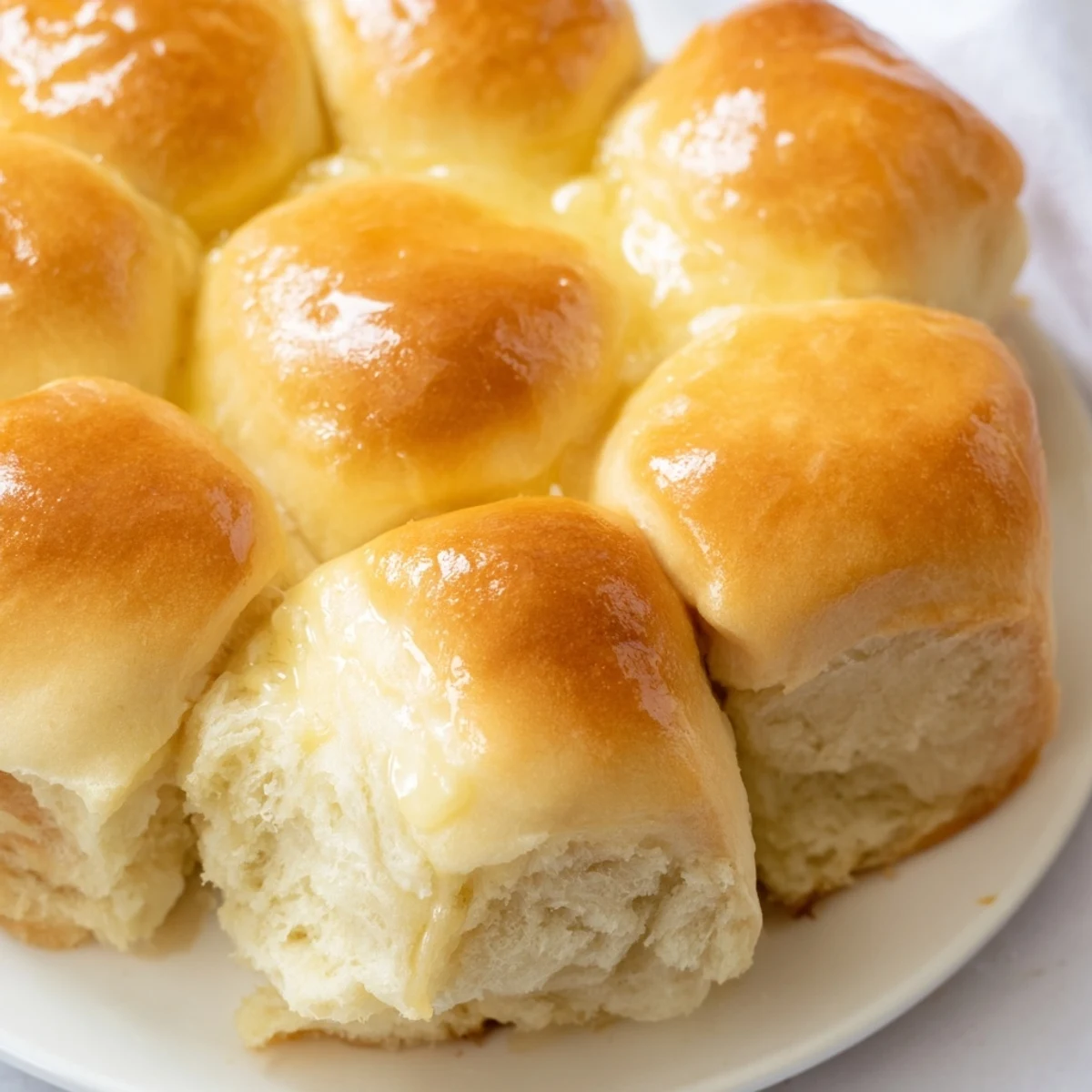 Golden homemade dinner rolls, fresh from the oven, glistening with melted butter and ready to eat.