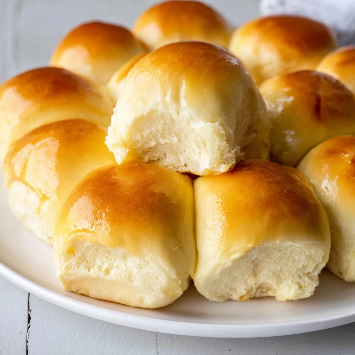 Fluffy, golden brown homemade dinner rolls, perfect for soaking up gravy at a family dinner.