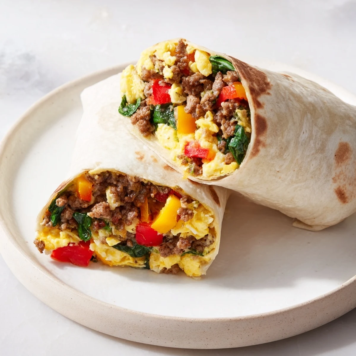 Golden yellow scrambled eggs and savory sausage filling delicious make-ahead breakfast burritos, perfect for busy days.