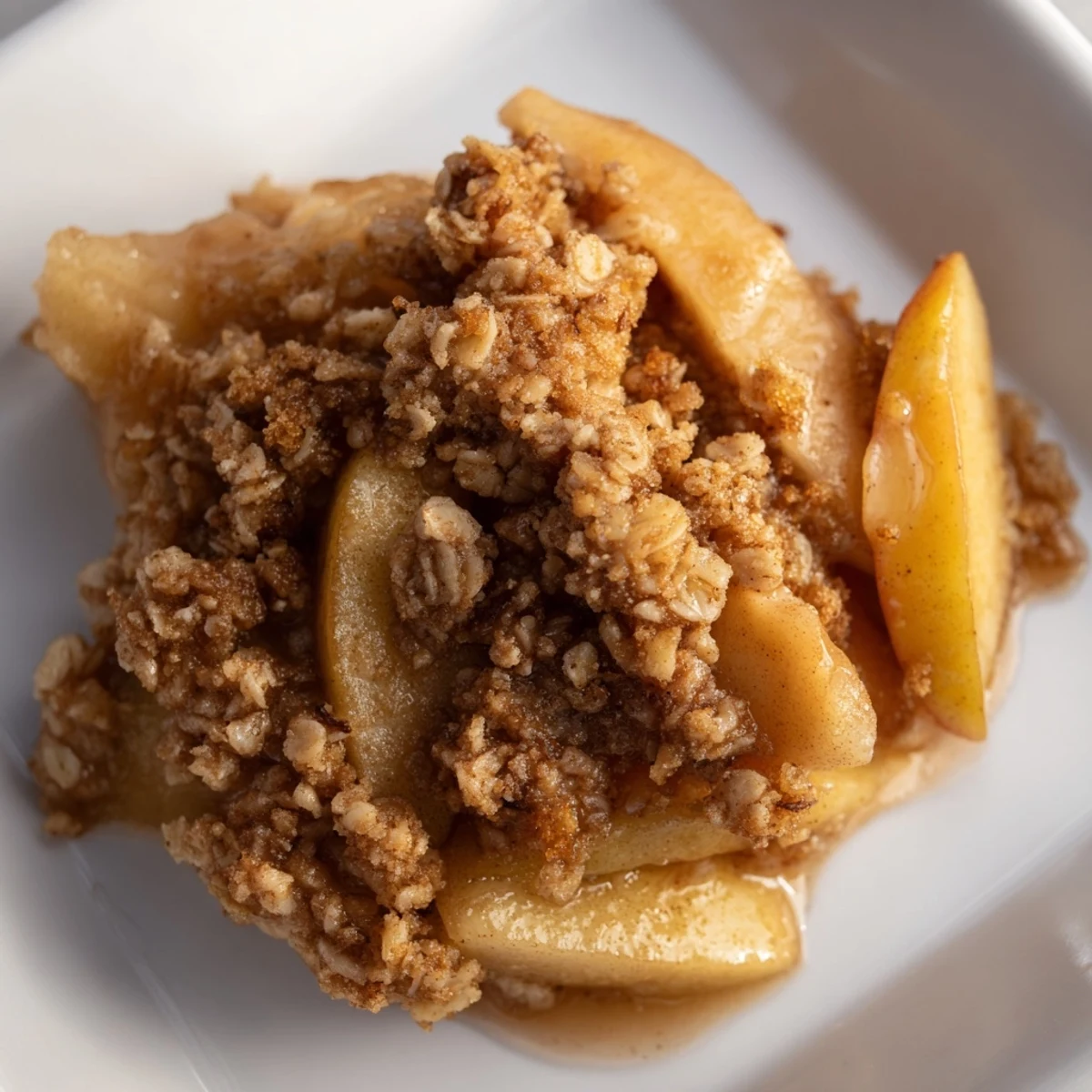 Golden, bubbly Rustic Apple and Cinnamon Crumb Bake, warm and ready for serving with ice cream.