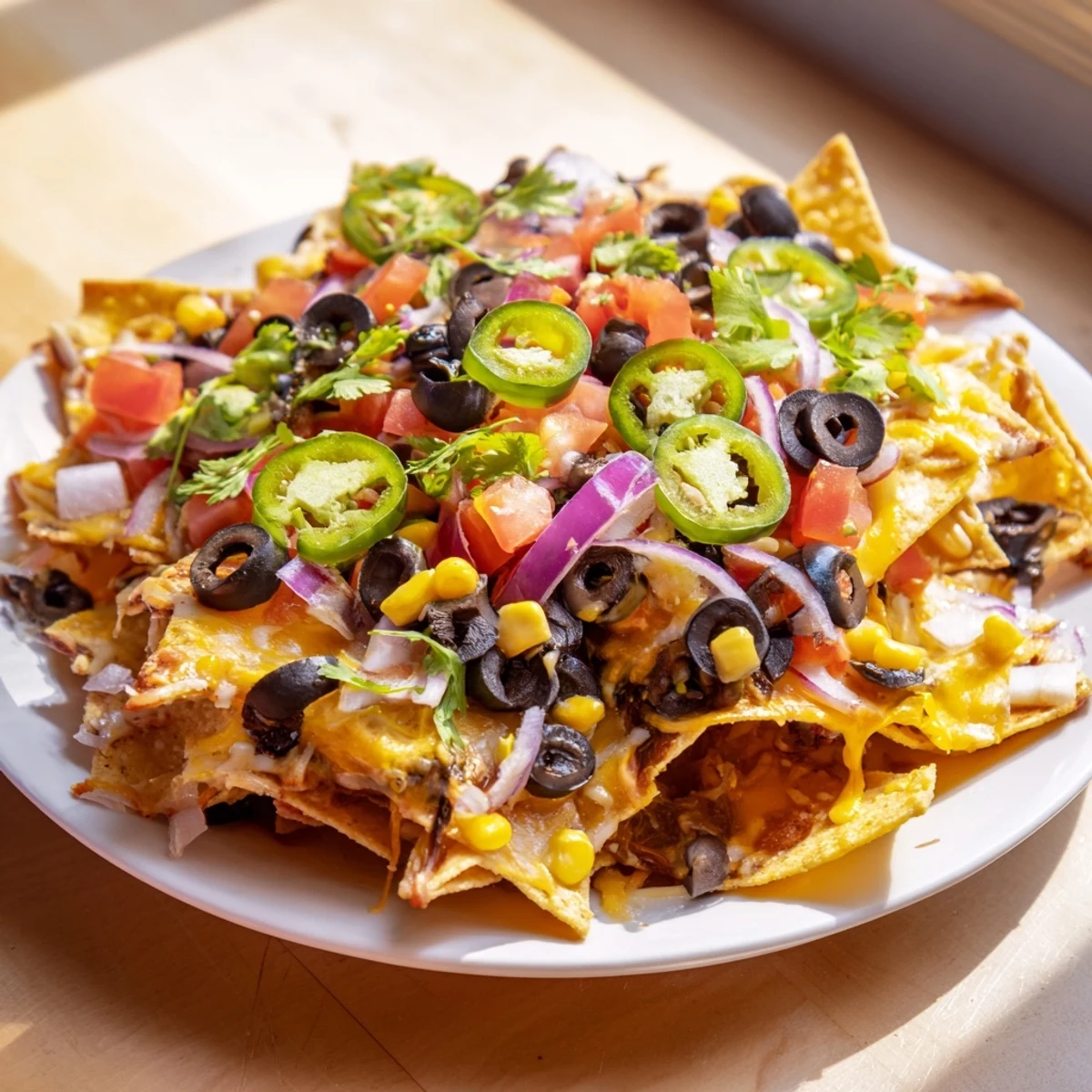 Golden, bubbly sheet pan nachos feature a colorful array of fresh vegetables and melted cheese, a quick dinner.