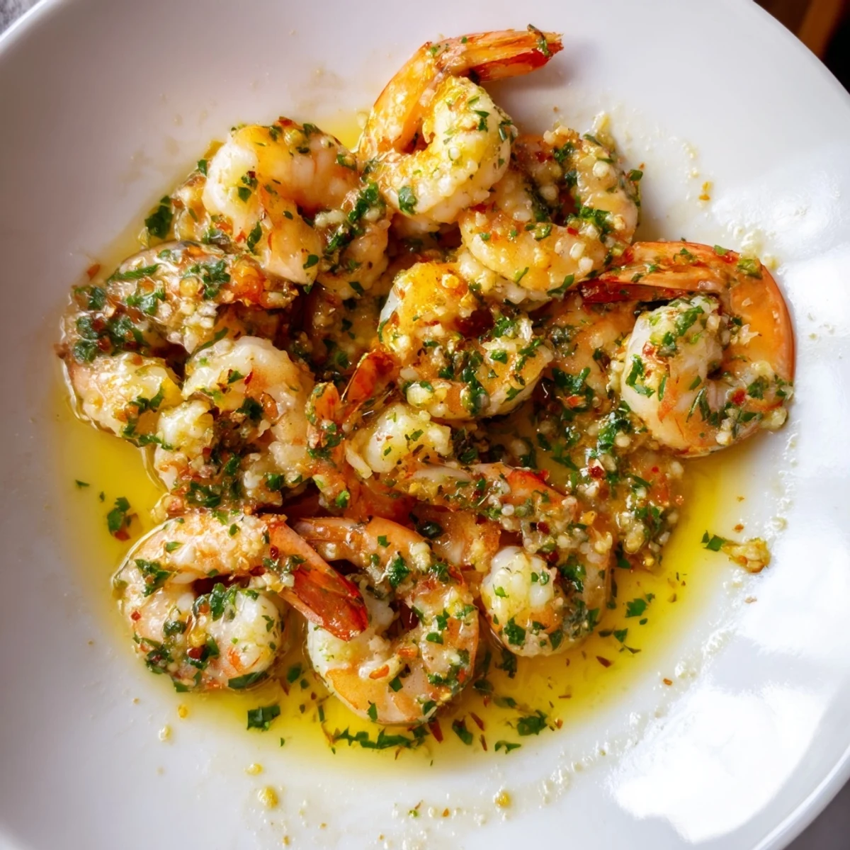 Steaming shrimp scampi with garlic and lemon, served with pasta, looks delicious and inviting.