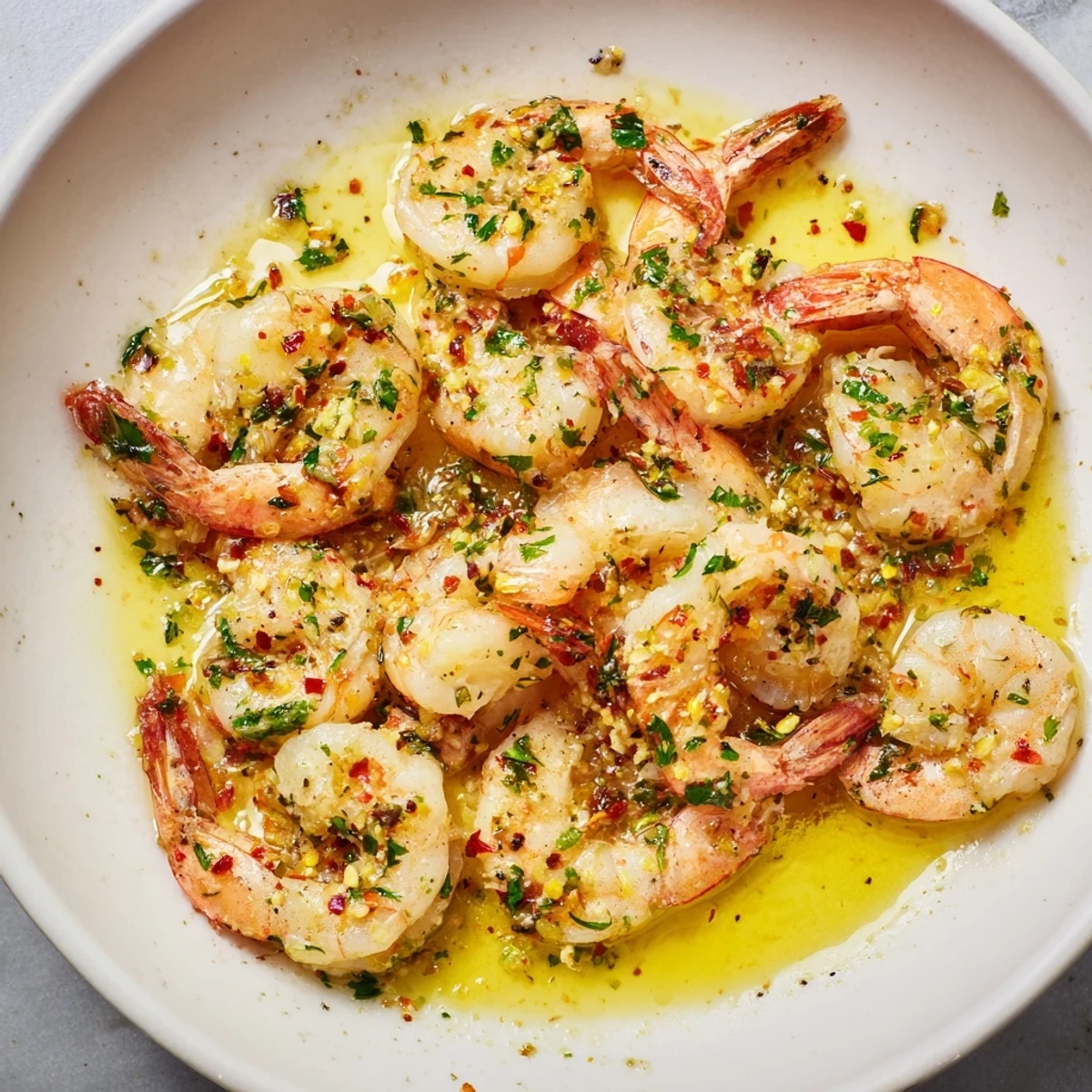Golden-brown 15-Minute Garlic Shrimp Scampi simmers in a pan, infused with lemon and herb aromas.