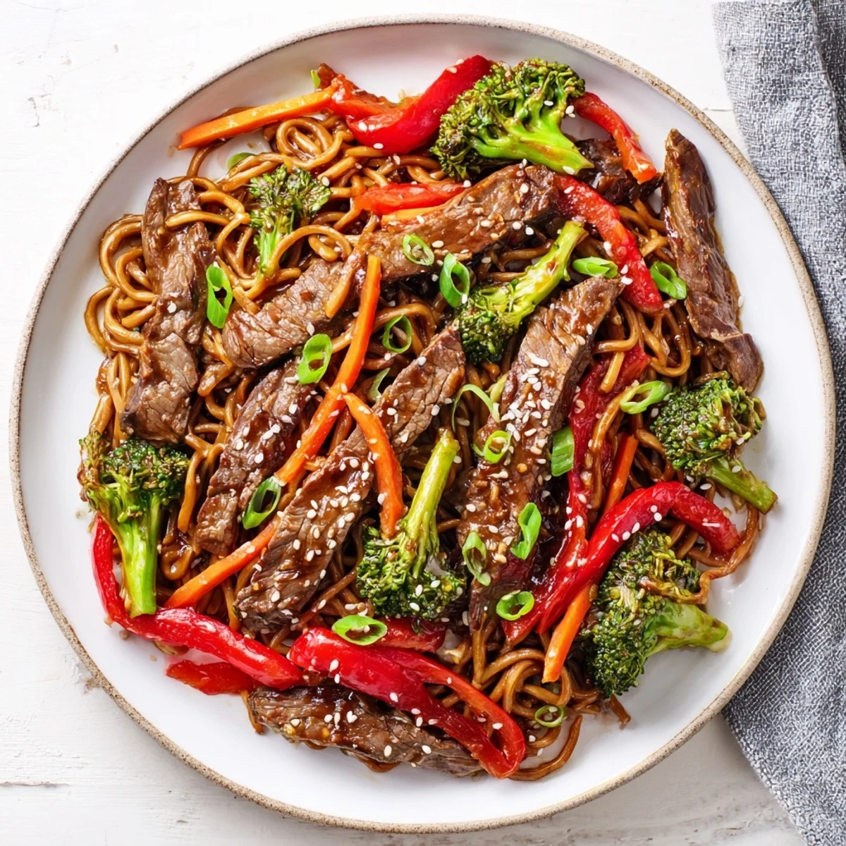 A glistening photo of easy Beef Stir-Fry with Lo Mein Noodles, ready to serve with fresh green onions.