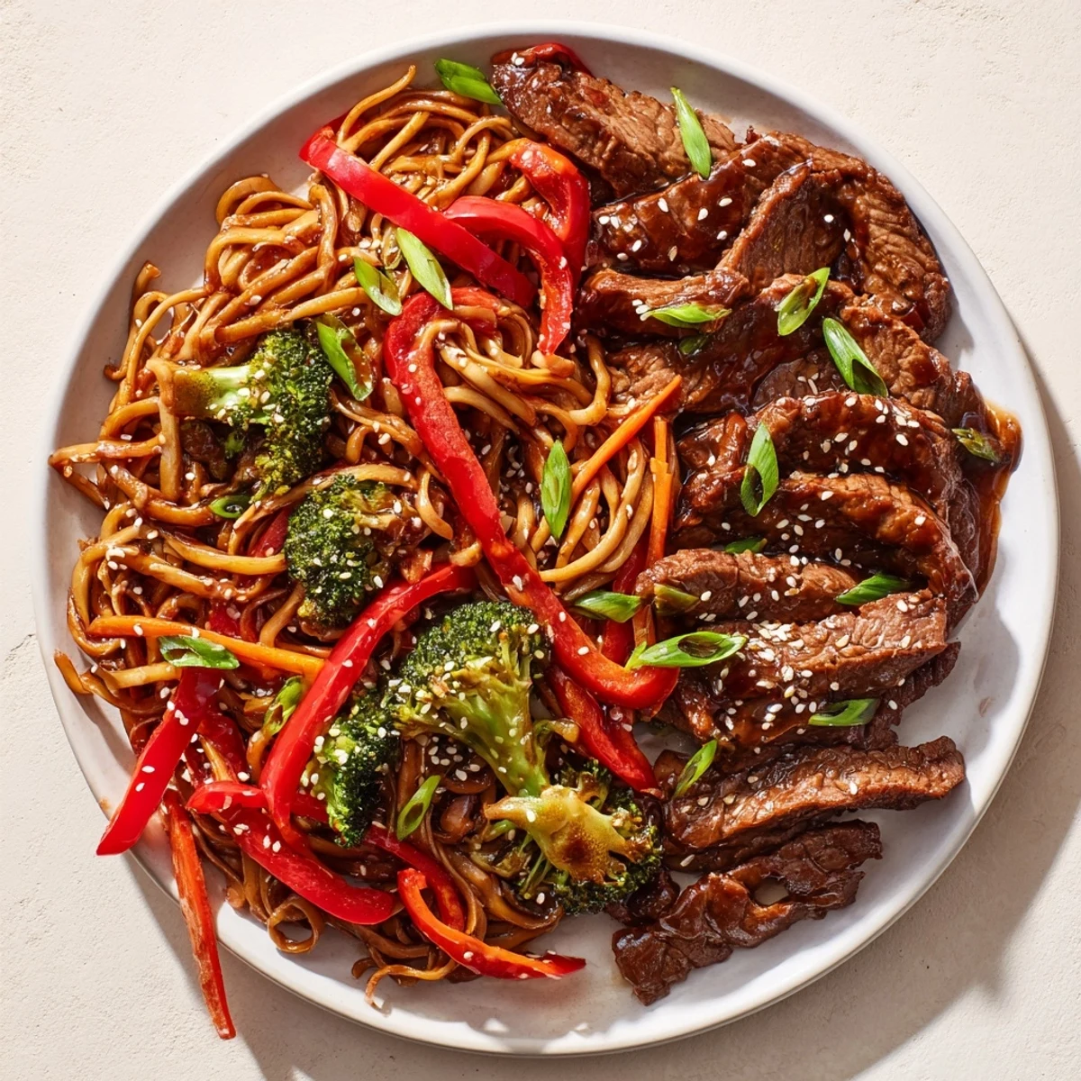 Easy Beef Stir-Fry with Lo Mein Noodles, steaming hot, featuring tender beef and colorful vegetables.