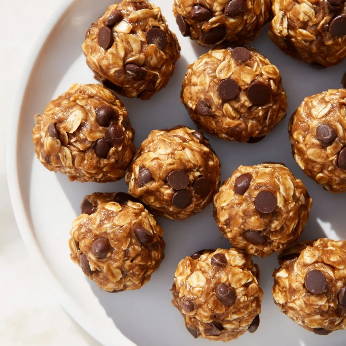 These no-bake peanut butter energy balls are studded with chocolate chips, perfect for a quick snack.