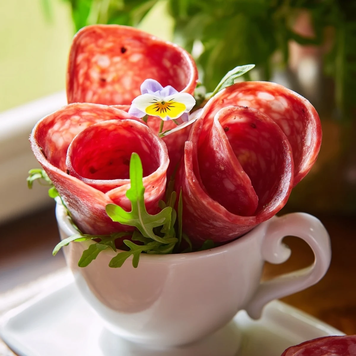 Charming presentation: The Victorian Tea Rose, a delightful appetizer of meat roses served in porcelain cups.