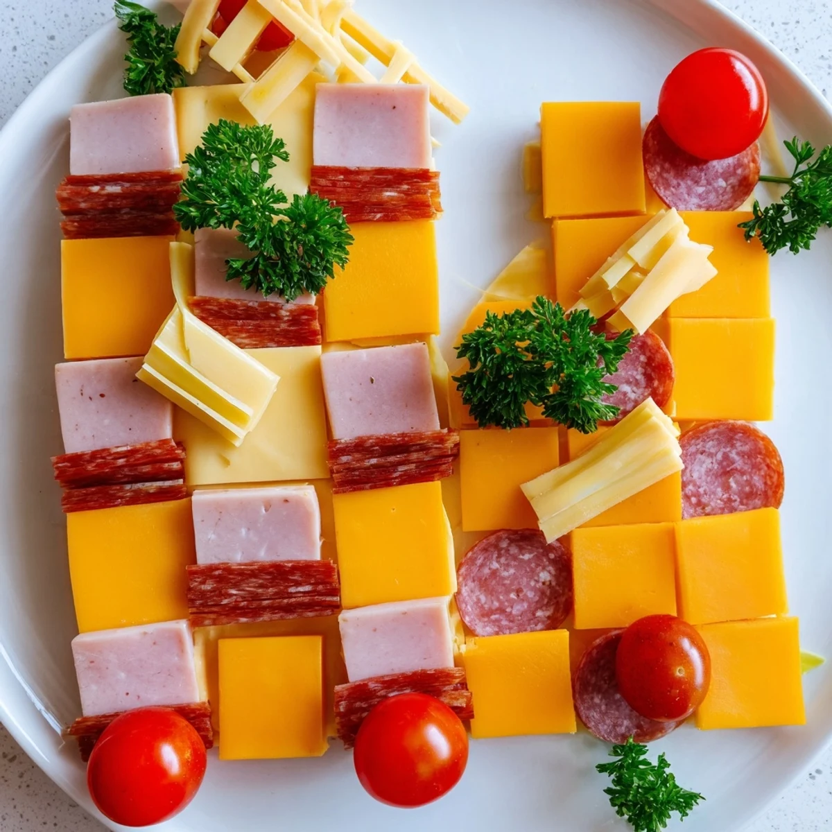 A visually stunning Checkerboard Chalet appetizer featuring cheese, meats, and a charming chalet.