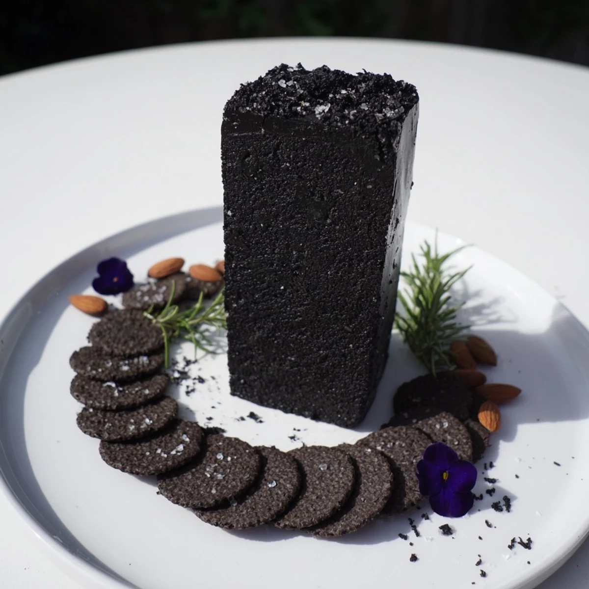 Showstopping appetizer, The Obsidian Peak, offers rich flavor and contrasting textures with dark rye crackers.