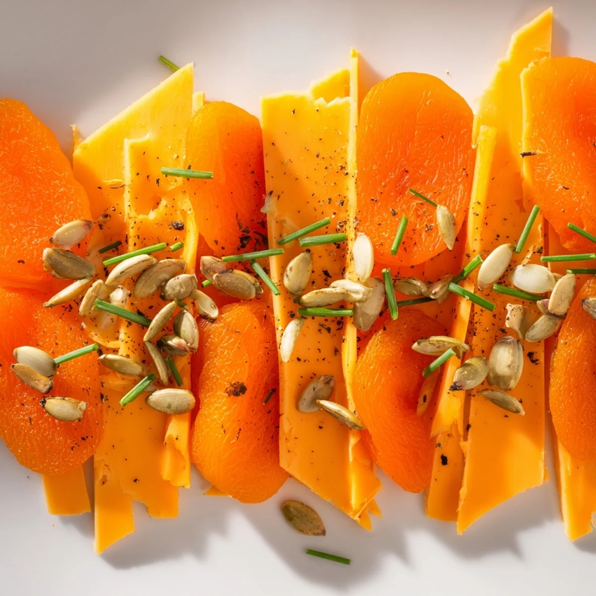 Vibrant Serengeti Sunset appetizer: Layers of apricot and smoky Gouda create an appealing orange landscape.