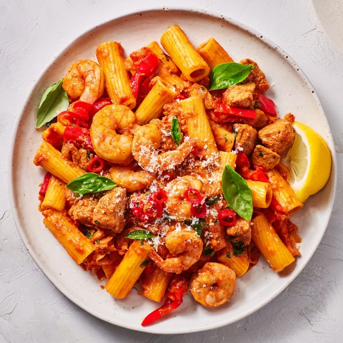 One-Pot Diavola Pasta with Shrimp, bubbling in a skillet, promises a delicious Italian-inspired dinner.