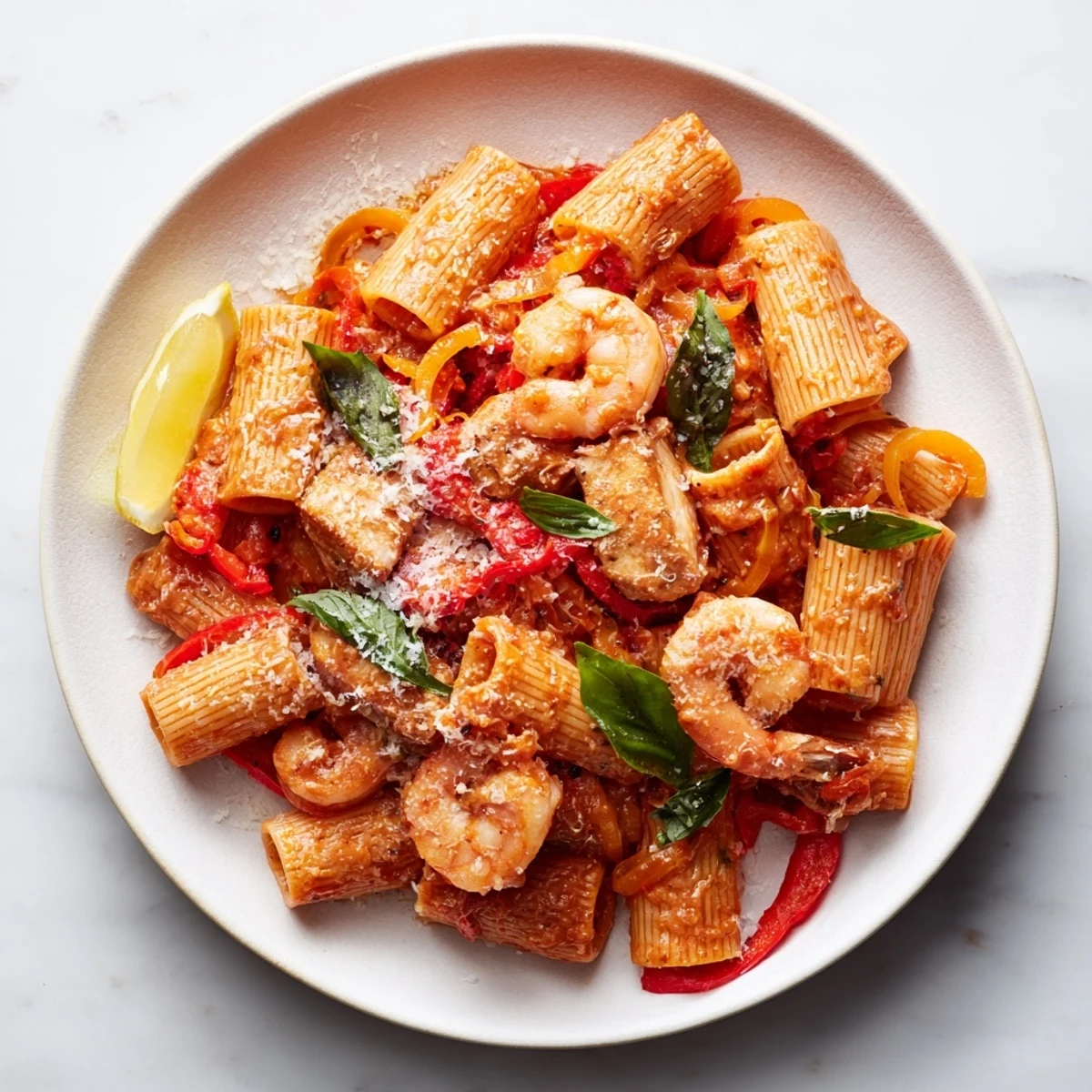 A flavorful serving of One-Pot Diavola Pasta with Shrimp, garnished with fresh basil, ready to eat.