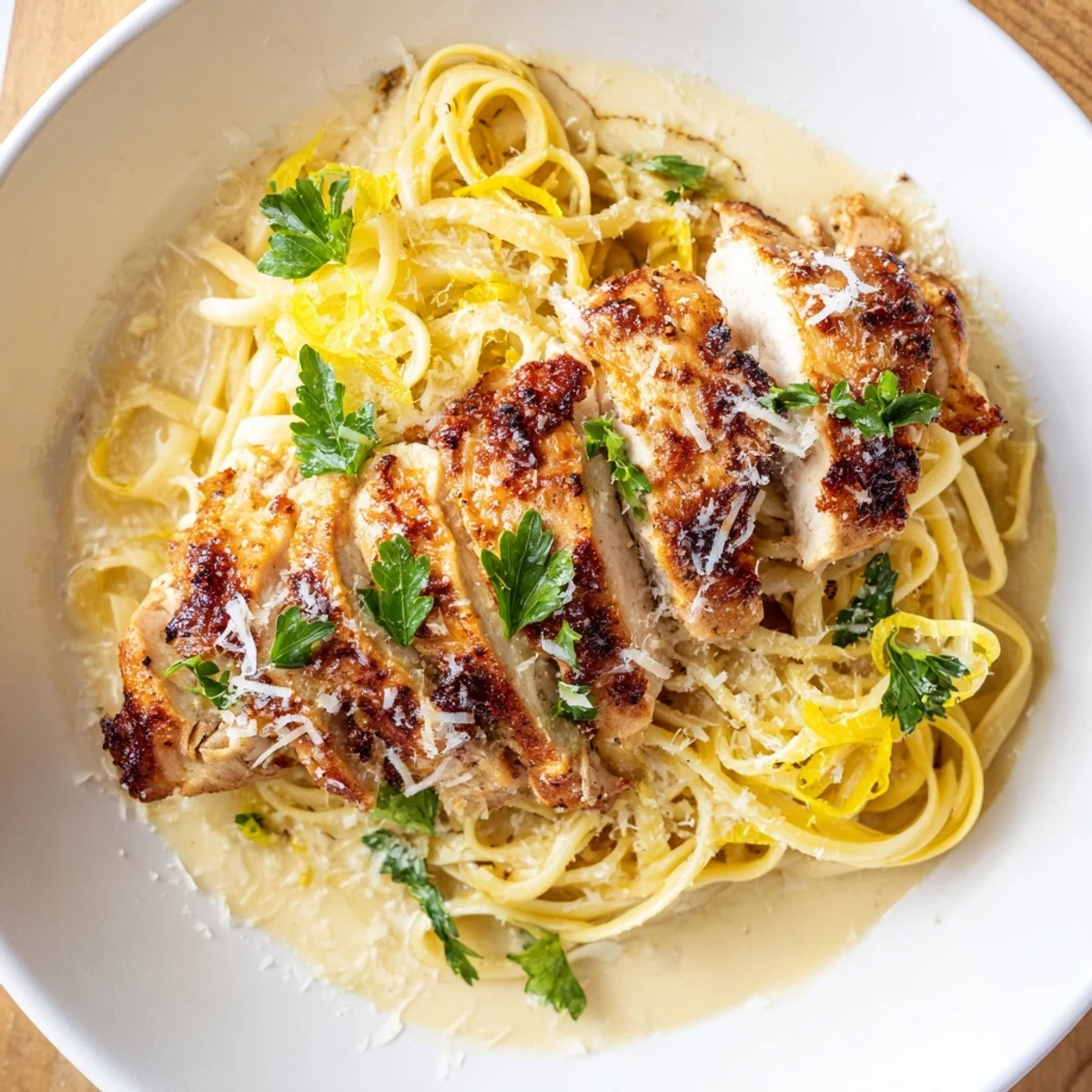 Pasta with Lemon Brûlée Chicken, a creamy and flavorful dish with caramelized chicken and bright citrus.