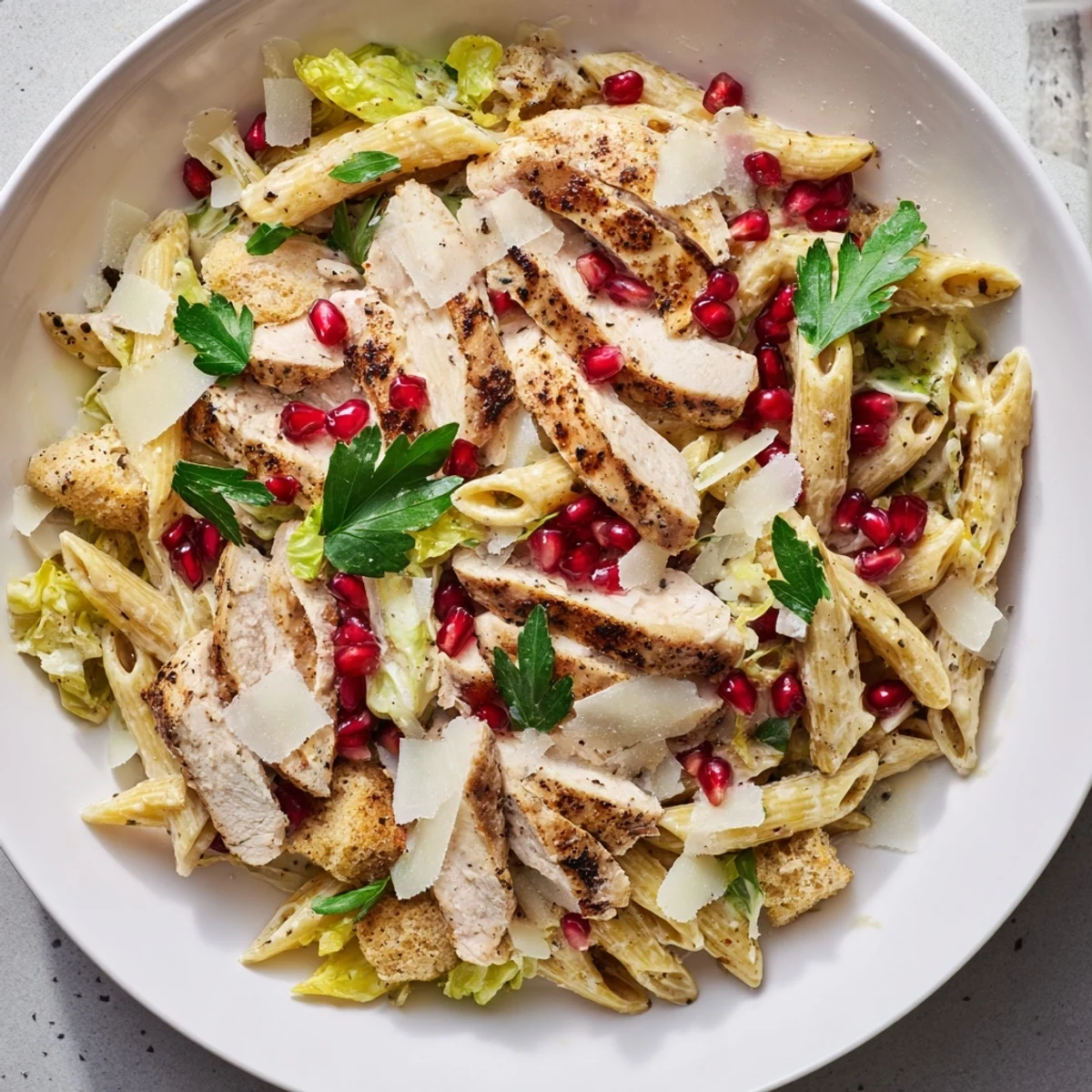 Chicken Caesar Pasta with pomegranate, bursting with juicy, colorful pomegranate and creamy Caesar dressing, ready to eat.