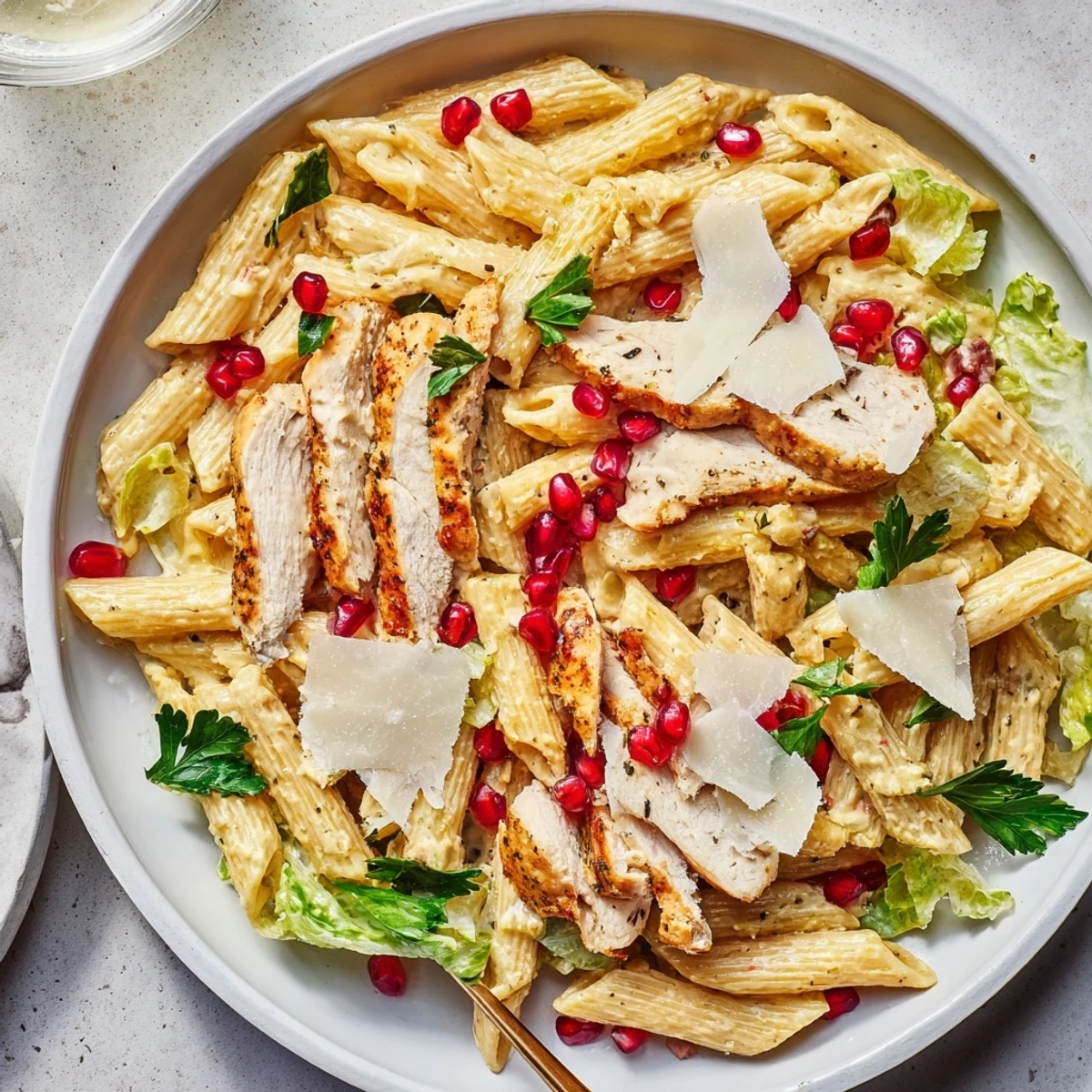 A delicious bowl of Chicken Caesar Pasta, the vibrant pomegranate adding sweetness to this inviting dish.
