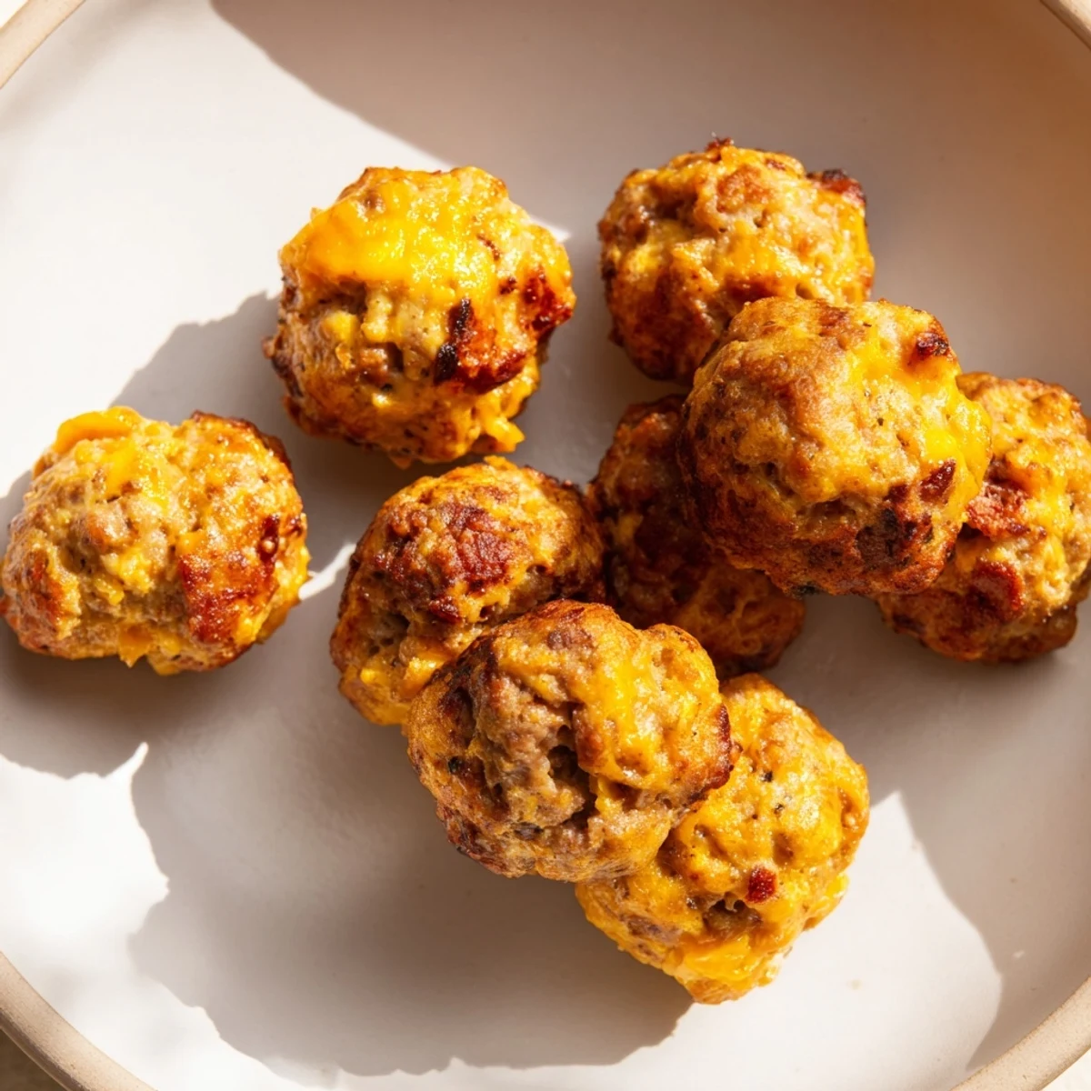 Golden-brown Chicken and Sausage Bisquick Balls, perfect for a savory appetizer, fresh from the oven.
