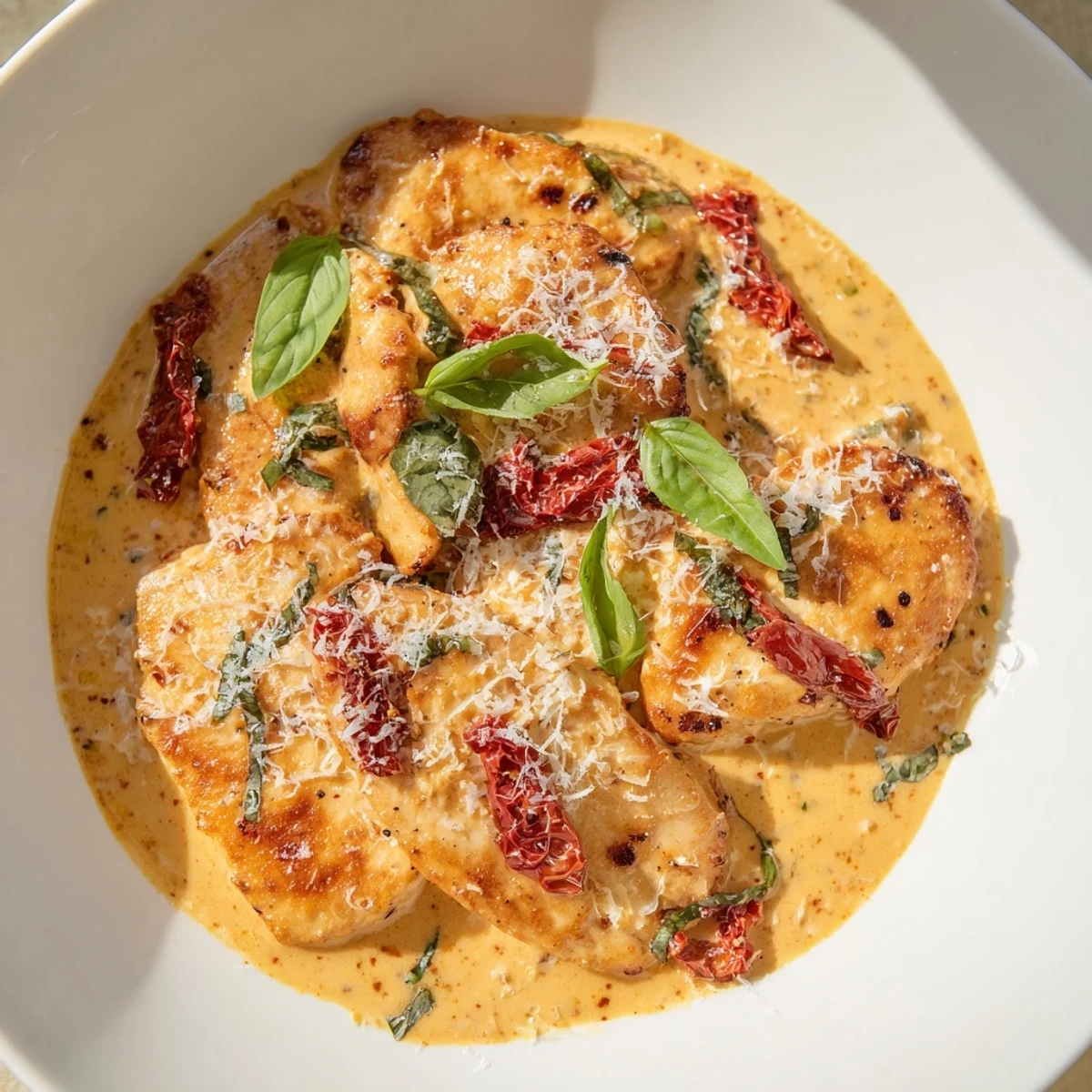 Golden-brown Marry Me Chicken in a creamy sun-dried tomato sauce, ready to serve with Parmesan snow.