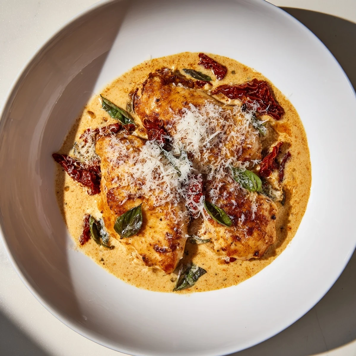 Creamy, flavorful Marry Me Chicken glistening from the pan, generously sprinkled with Parmesan snow, ready to eat.