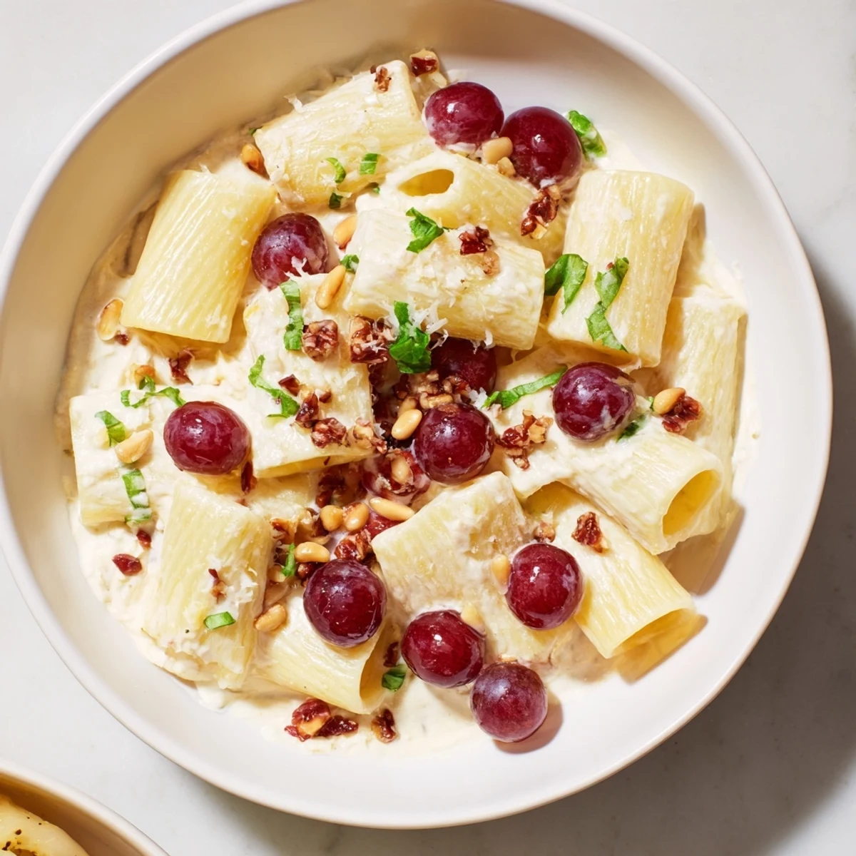 A close-up of pasta with roasted grapes, the ricotta sauce clinging, beautifully showcasing this Italian-American creation.