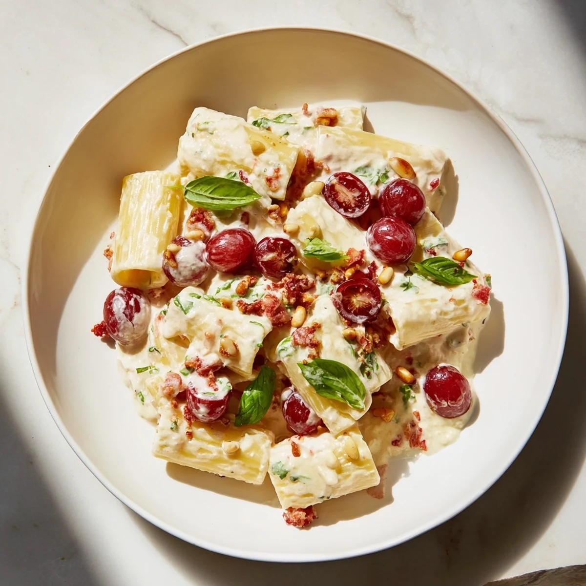 Pasta with Roasted Grapes and ricotta, showing the creamy texture and sweet, caramelized grapes for a delicious main course.