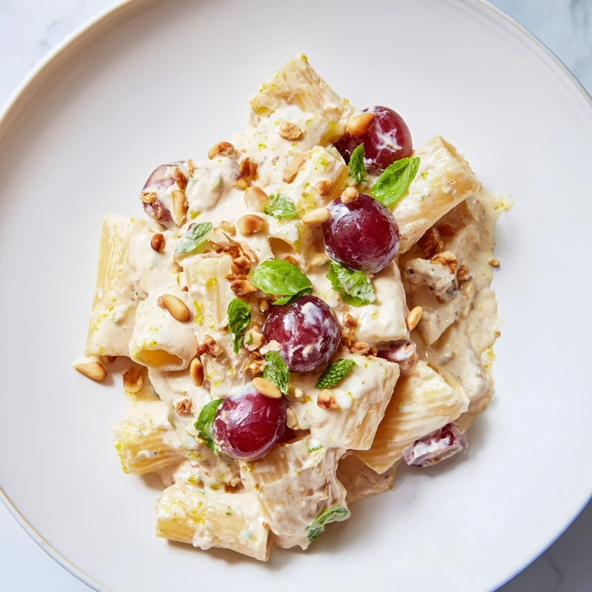 Savory pasta with roasted grapes, topped with pine nuts: a vibrant and flavorful vegetarian meal ready to be enjoyed.