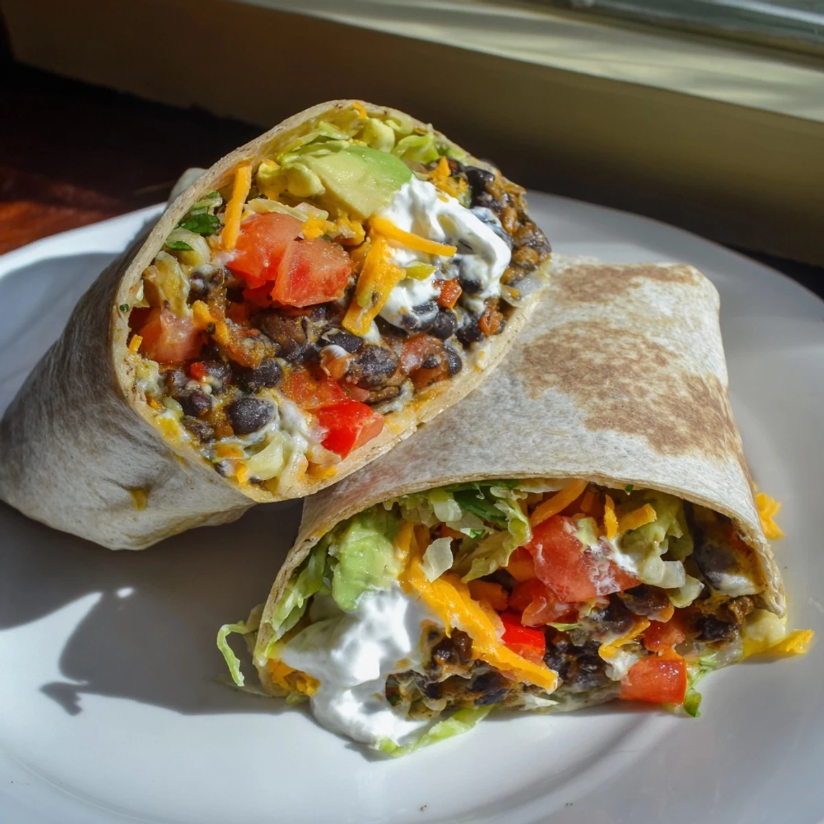 Steaming Smoky Black Bean Burrito, filled with black beans, vegetables, and creamy toppings, ready to eat.