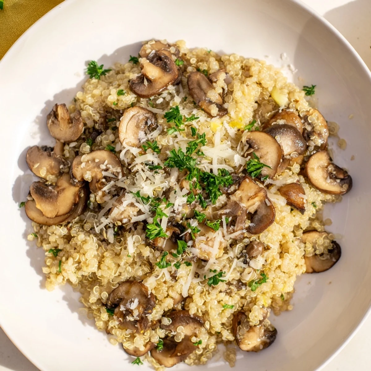 Creamy mushroom quinoa risotto, plated and garnished with fresh parsley, ready to eat.