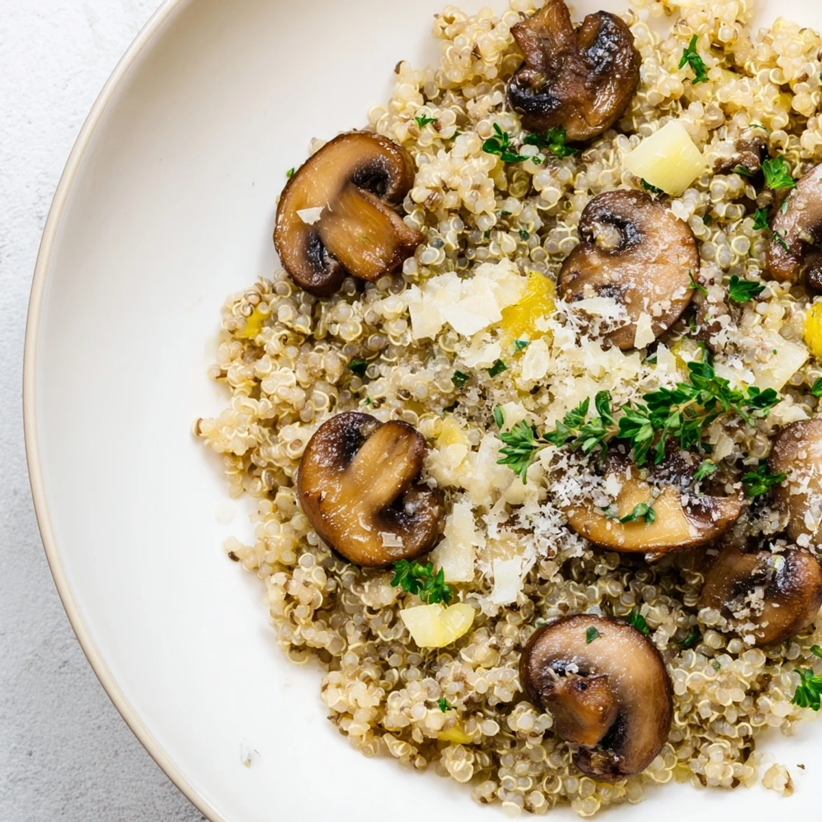 Warm vegetable broth simmering with quinoa to create this delicious mushroom risotto dish.