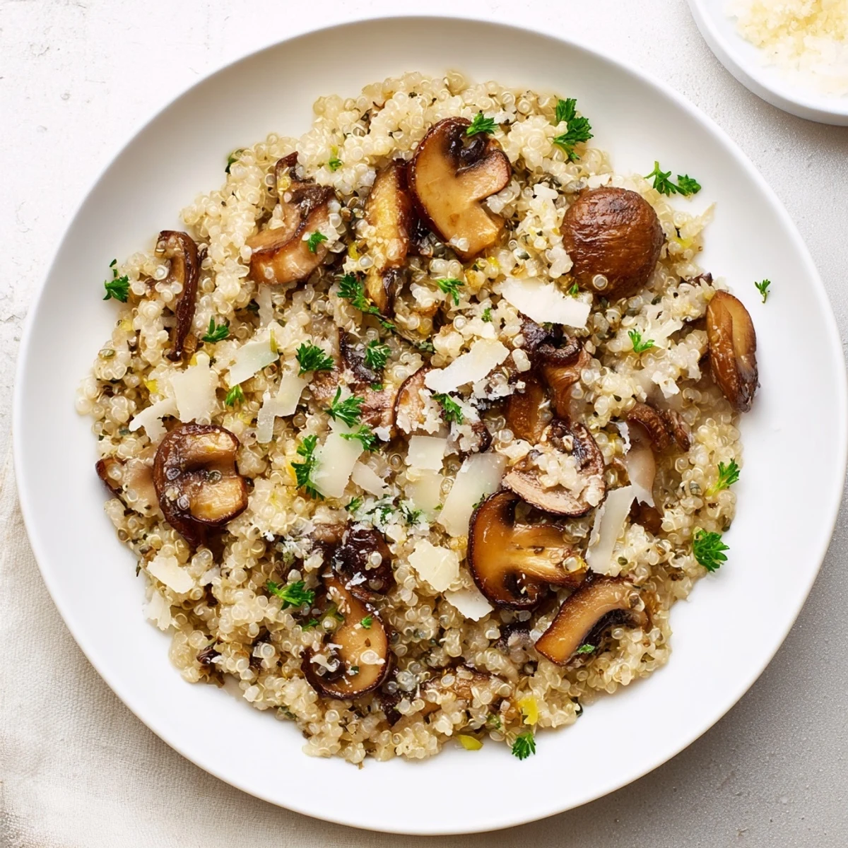 A close-up shot of mushroom quinoa risotto, showcasing the rich, earthy flavors and texture.