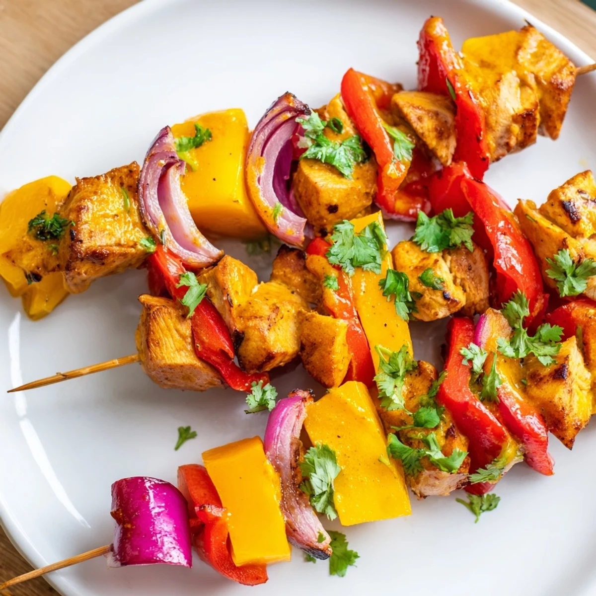 Juicy Mango Lime Chicken Skewers, grilled and ready, with colorful bell peppers and sweet onion chunks.