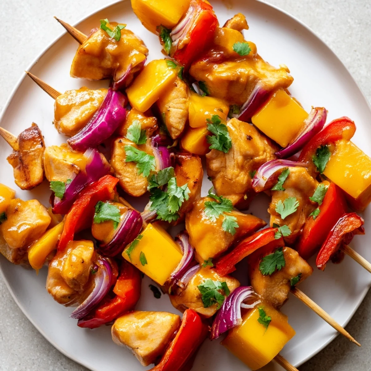 A plate of flavorful Mango Lime Chicken Skewers, served with lime wedges, perfect for summer grilling.