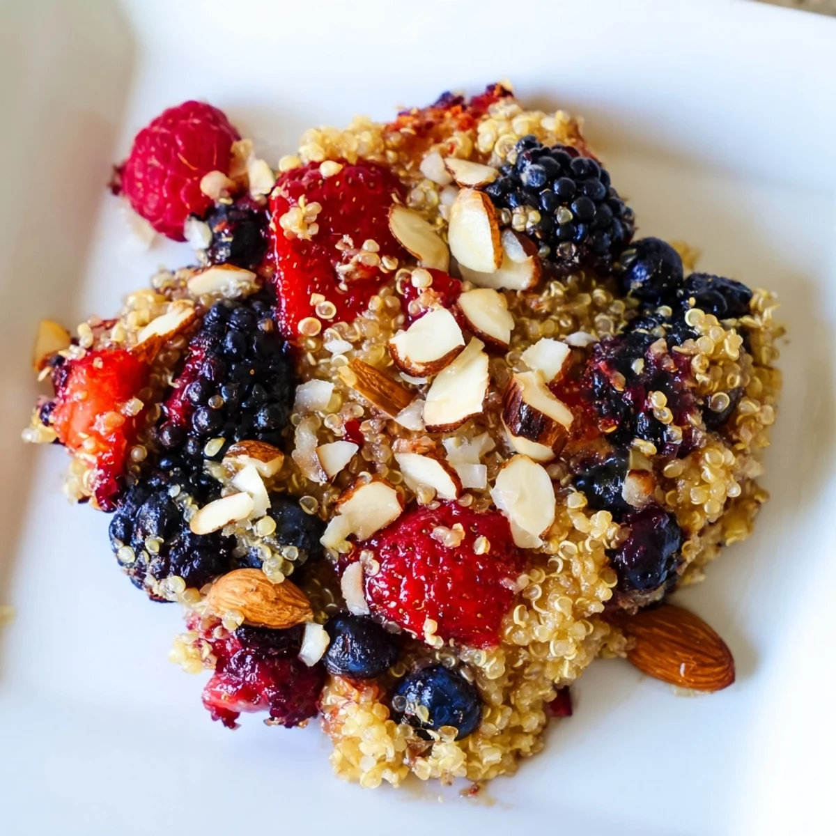 A close-up view of a vibrant Berry Quinoa Breakfast Bake, showing the quinoa and berry layers.