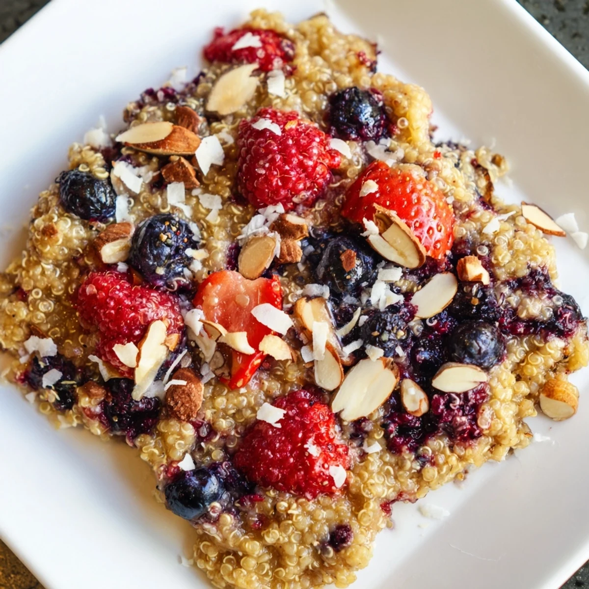 Warm Berry Quinoa Breakfast Bake with golden crust, overflowing with juicy mixed berries, ready to serve.