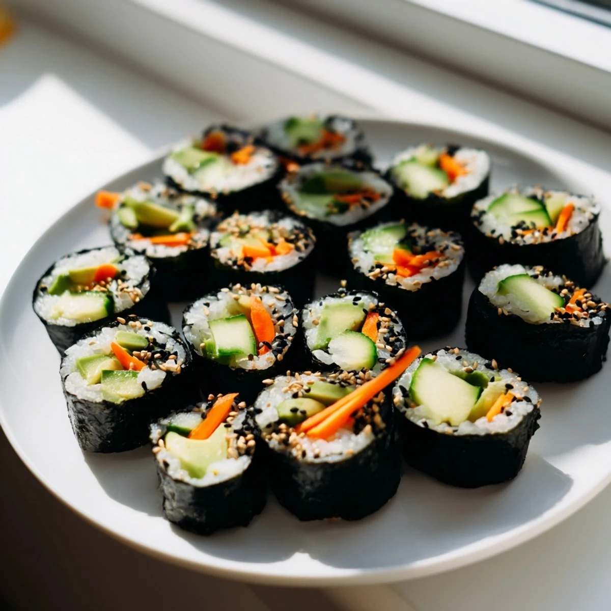 Vibrant avocado cucumber sushi rolls, a healthy vegan meal with fresh, crisp veggies.
