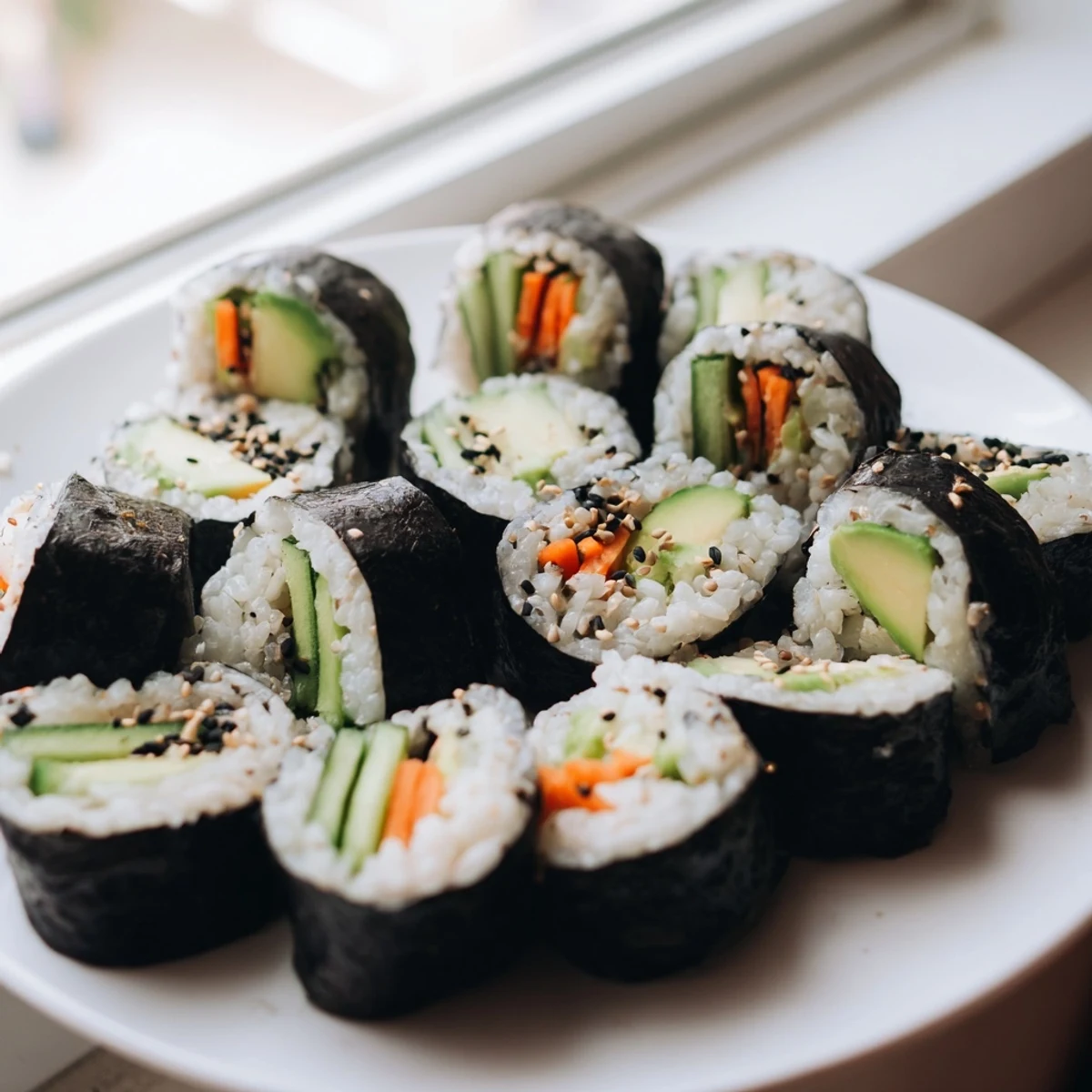 A close-up of finished avocado cucumber sushi, ready to be dipped and enjoyed as a snack.