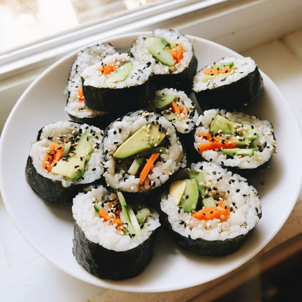 Beautiful sushi, showcasing avocado and cucumber slices inside each delectable veggie roll.