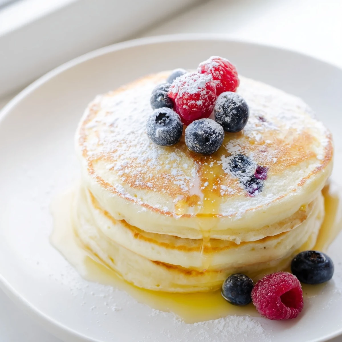 Fluffy, golden Lemon Ricotta Pancakes topped with fresh berries and drizzled with syrup.